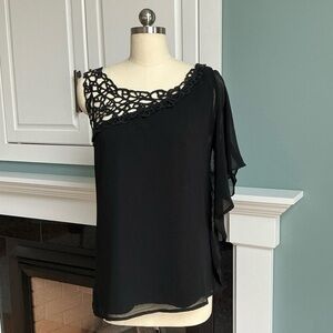 LA PERLA silk chiffon top one shoulder, delicate lacework. On size 6 dress form.